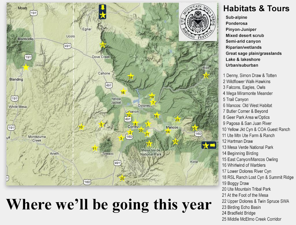Ute Mountain Mesa Verde Birding Festival Map of Scheduled Tours