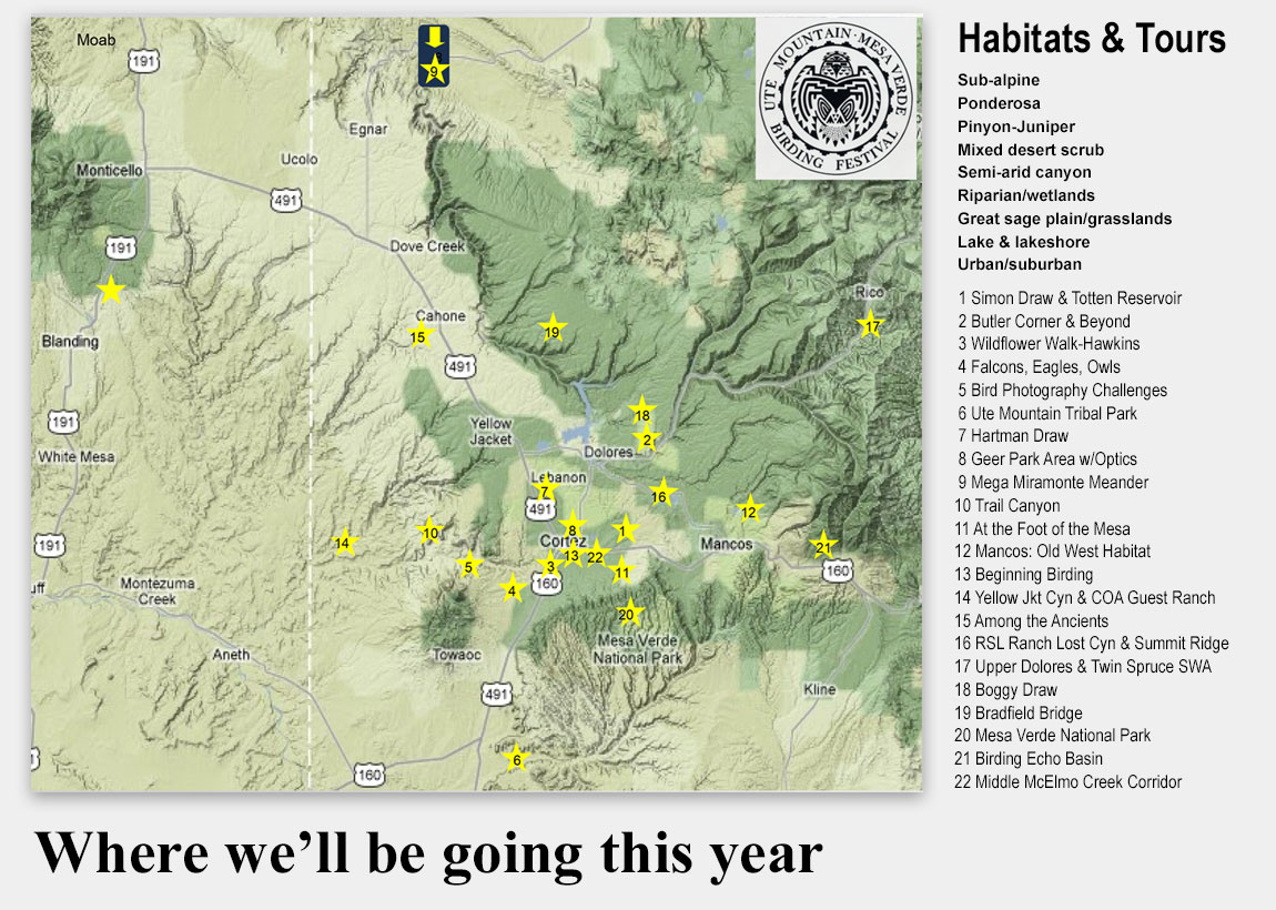 Ute Mountain Mesa Verde Birding Festival Map of Scheduled Tours